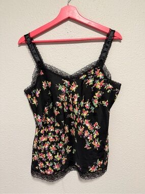 Nine West Black Floral Lace-Trim Camisole with Pink & Yellow Blossoms